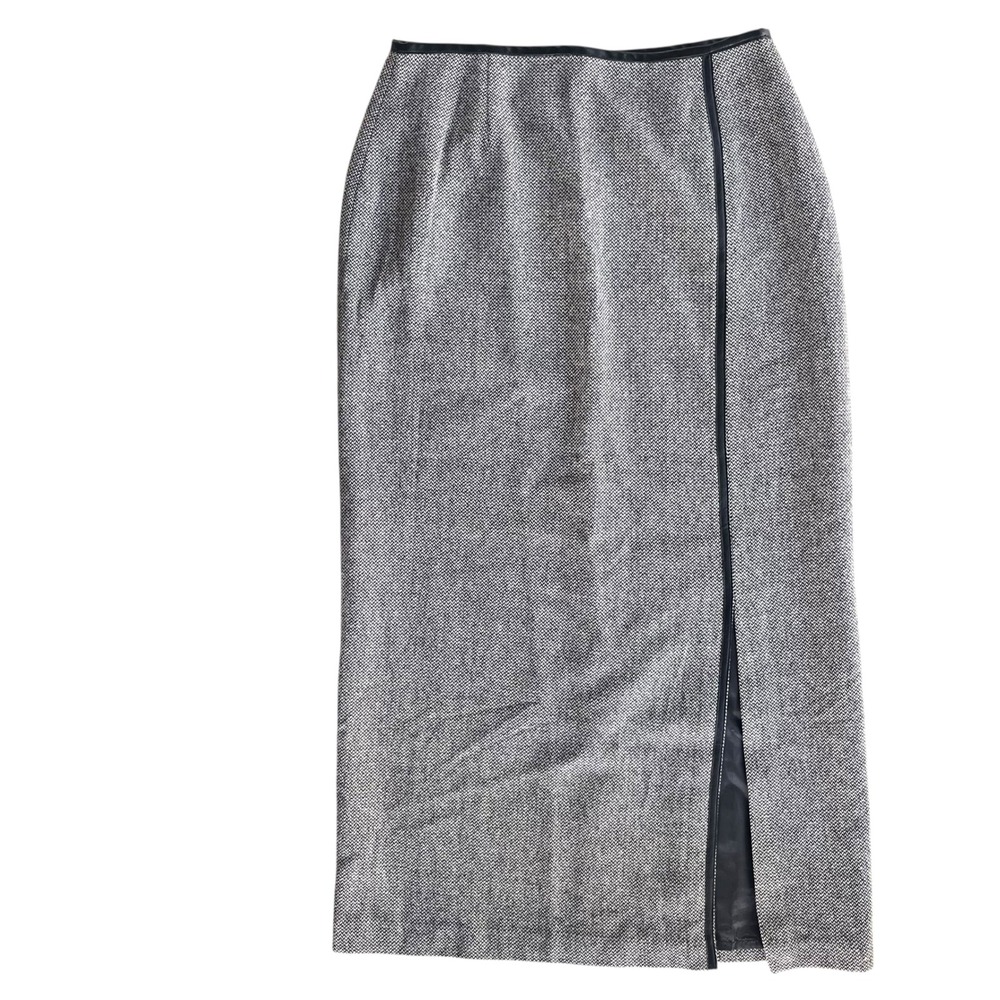 Levine Classics Women's 6 Black Tan Herringbone Wool Blend Tweed Slit Midi Skirt
